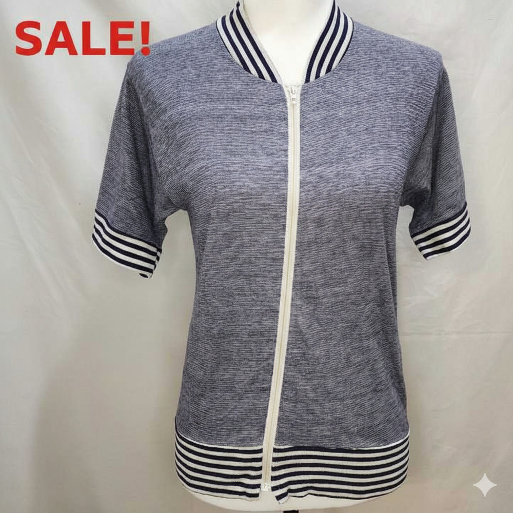 SALE! Vintage 60s 70s Short Sleeve Retro Lightweight Striped Zipper Jacket Large